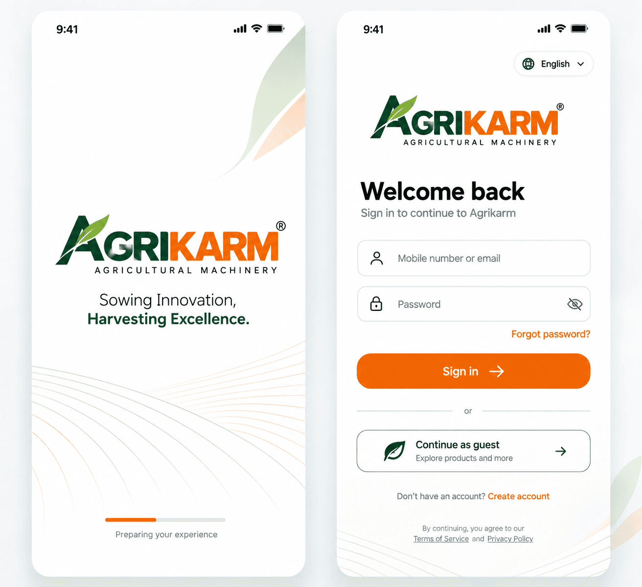 Agrikarm splash screen and sign-in with the Sowing Innovation, Harvesting Excellence tagline