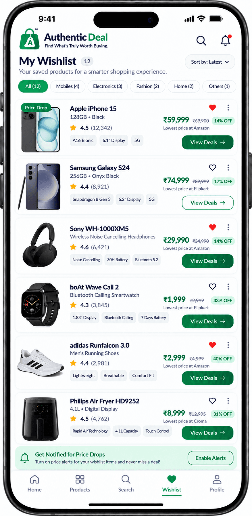 Authentic Deal wishlist screen with saved products and price-drop indicators