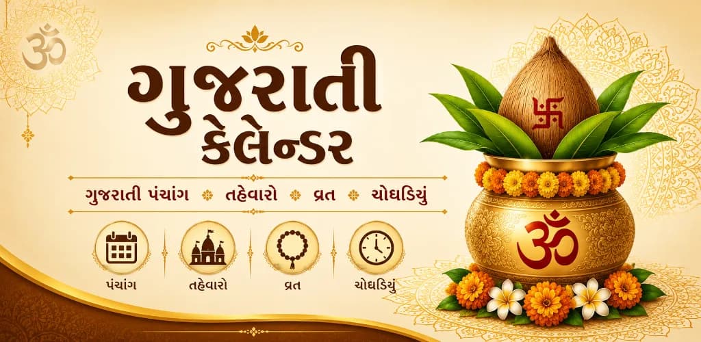 Gujarati Calendar feature graphic highlighting panchang, festivals, vrat and Choghadiya