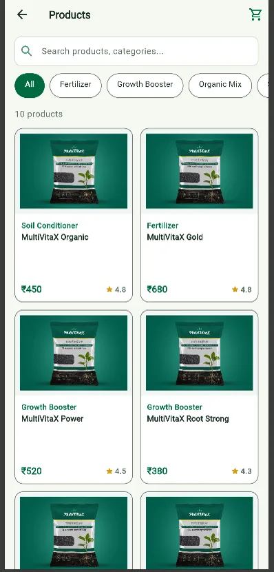MultiVitaX product catalogue with soil conditioner, fertilizer and growth booster items