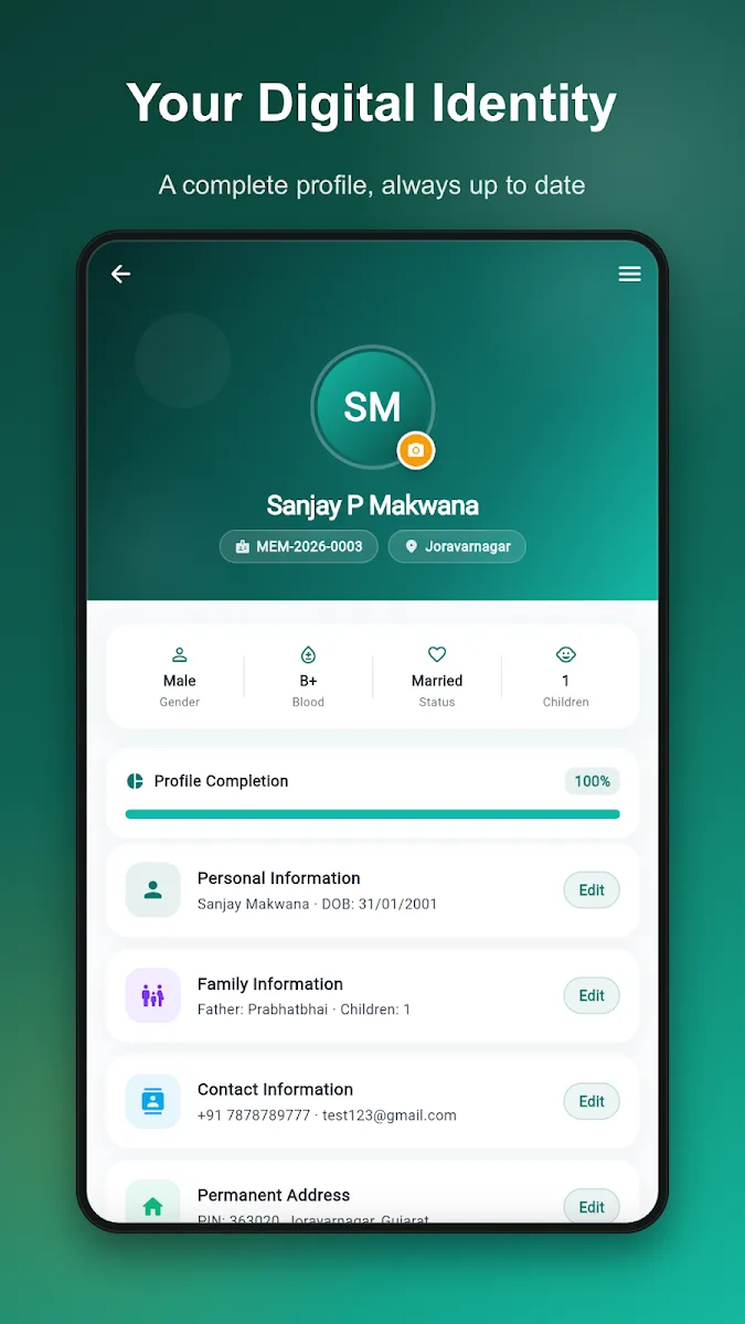 Satvara Community profile screen with personal and family information