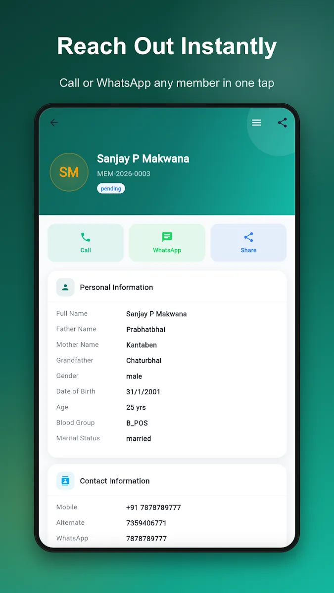 Satvara Community member detail screen with call, WhatsApp and profile information
